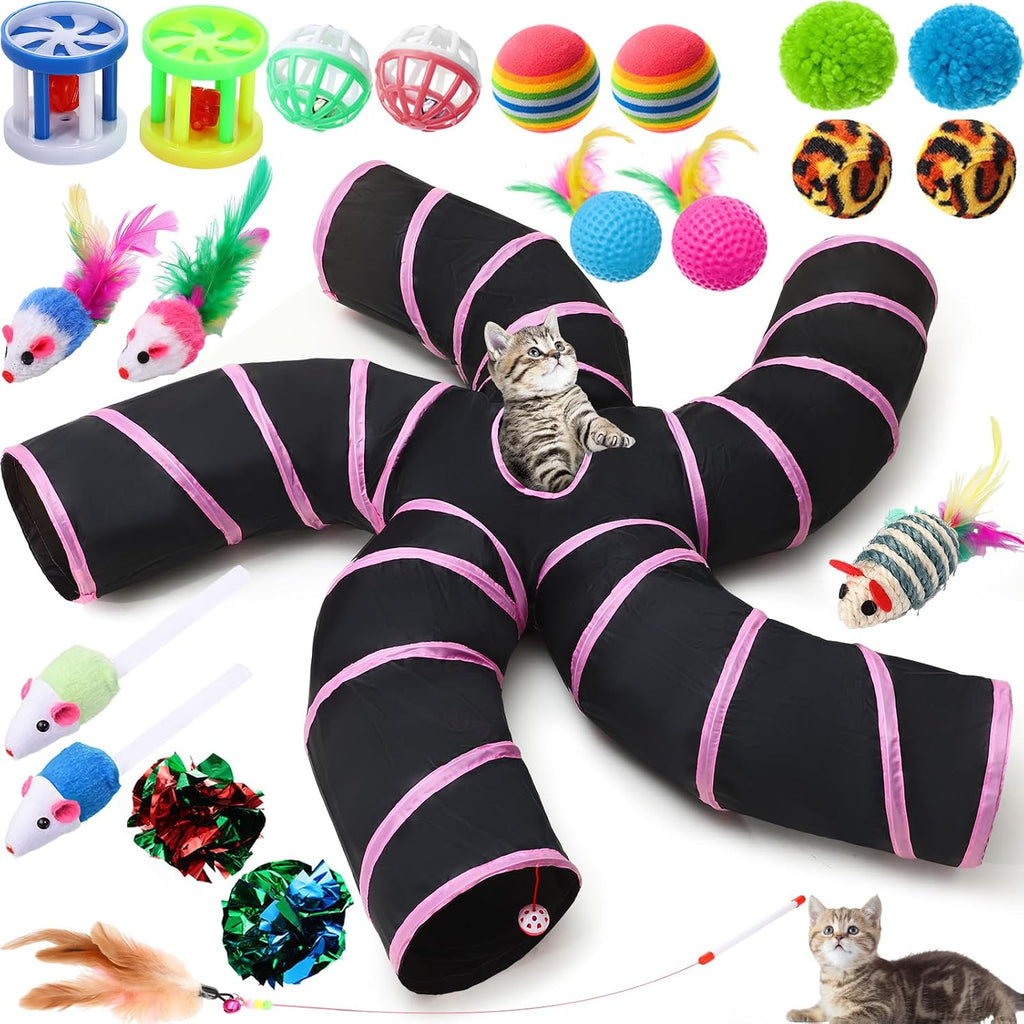 Poen 21 Pcs Cat Tunnels 5 Way Collapsible with 20 Toys Set, Blue Black