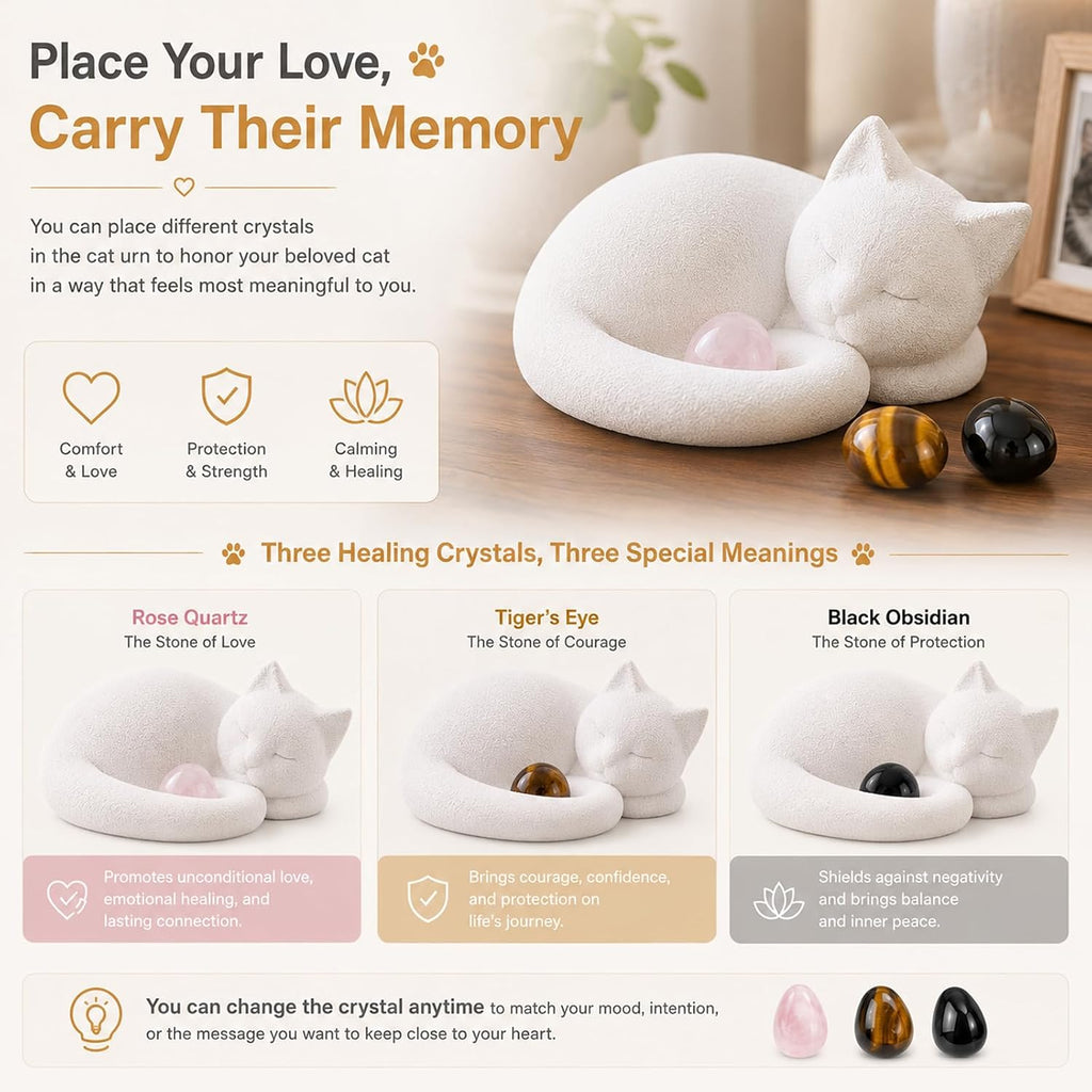 White Cat Urn for Ashes with Crystal Stones Memorial Keepsake
