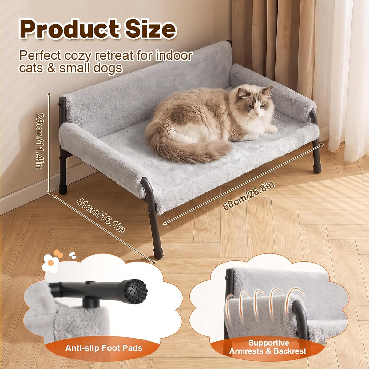 Elevated Cat Couch Bed for Indoor Cats, Metal Frame Cat Sofa Up to 60 Lbs