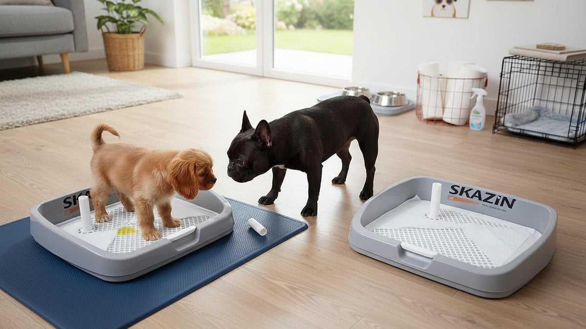 Dog Pee Pad Holder Tray with Raised Non-Locking Grate, Indoor Puppy Potty Training Pad Holder, Removable Training Post, Leak-Proof Design for Small to Medium Dogs, 21" L x 5" W x 17" H