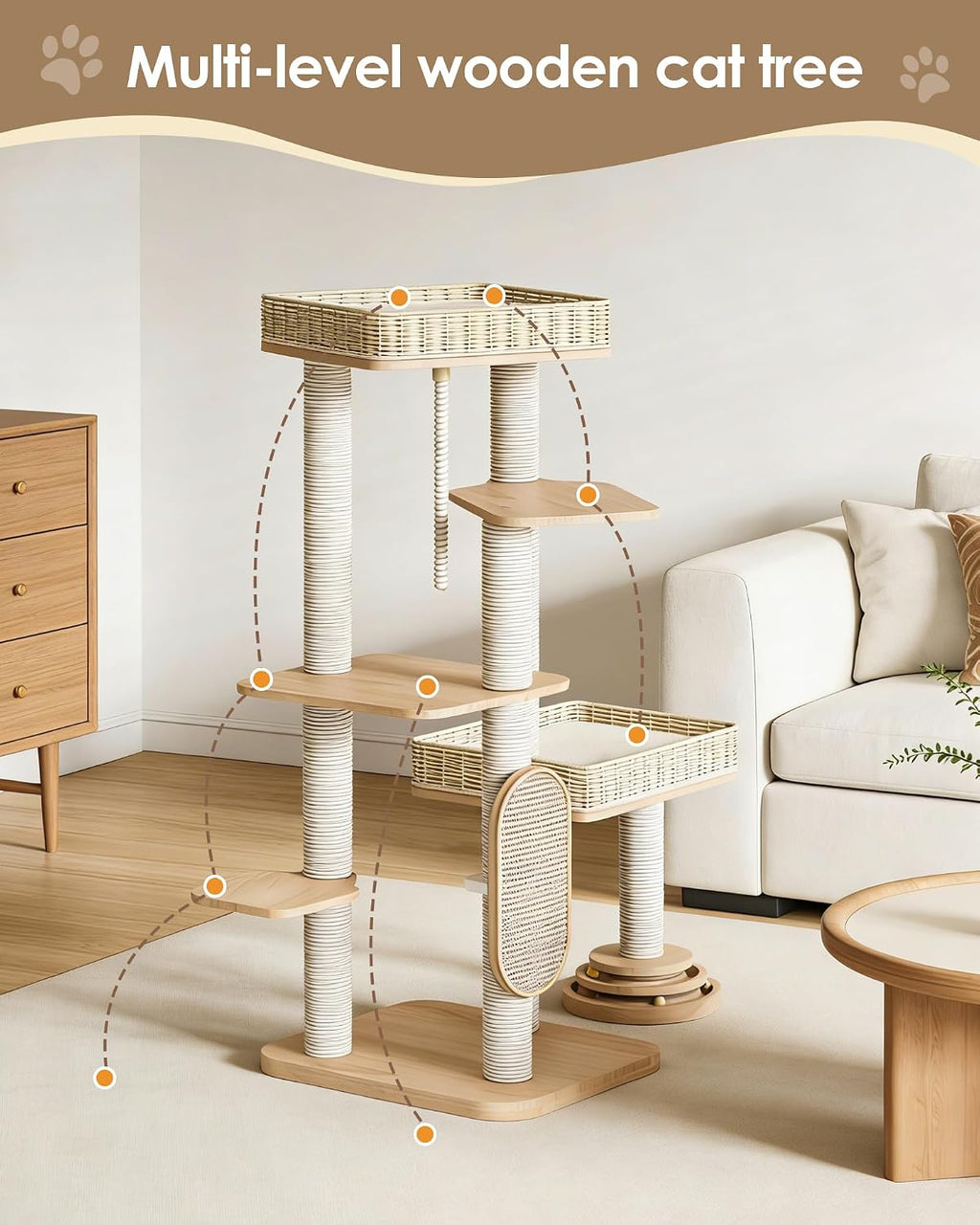 Modern Cat Tree, 53.4 Inches Wooden Multi-Level Cat Tower with Scratching Posts, Sisal Board, Condo, Plush Perch & Toy Ball, Pet Activity Center for Adult Cats