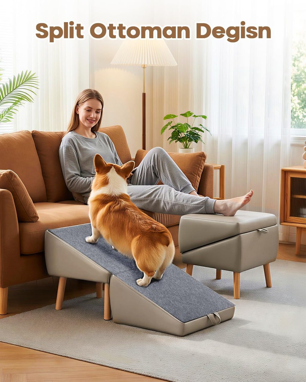 Split Ottoman Dog Ramp for Couch, 17.52" H Dog Stairs for Small Dogs and Cats, Foldable Pet Steps for Puppy and Medium/Senior Dogs,Non-Slip and Portable (Light Yellow)