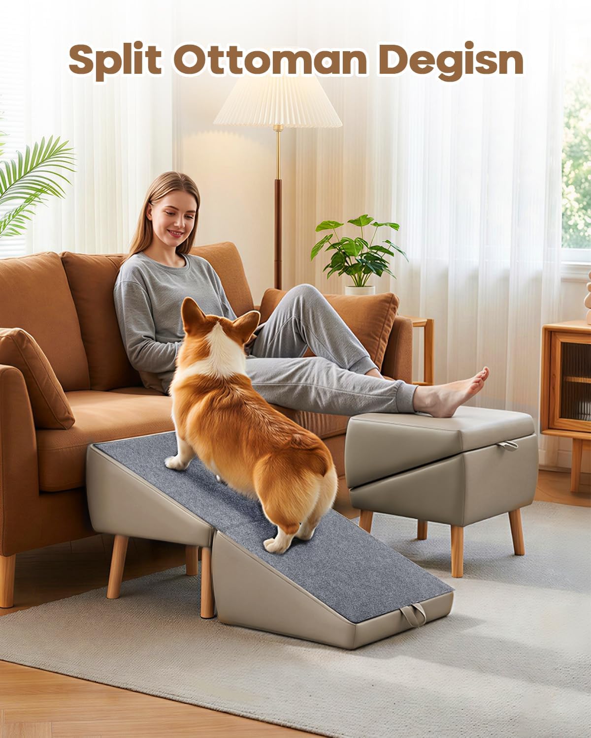 Split Ottoman Dog Ramp for Couch, 17.52" H Dog Stairs for Small Dogs and Cats, Foldable Pet Steps for Puppy and Medium/Senior Dogs,Non-Slip and Portable (Light Yellow)