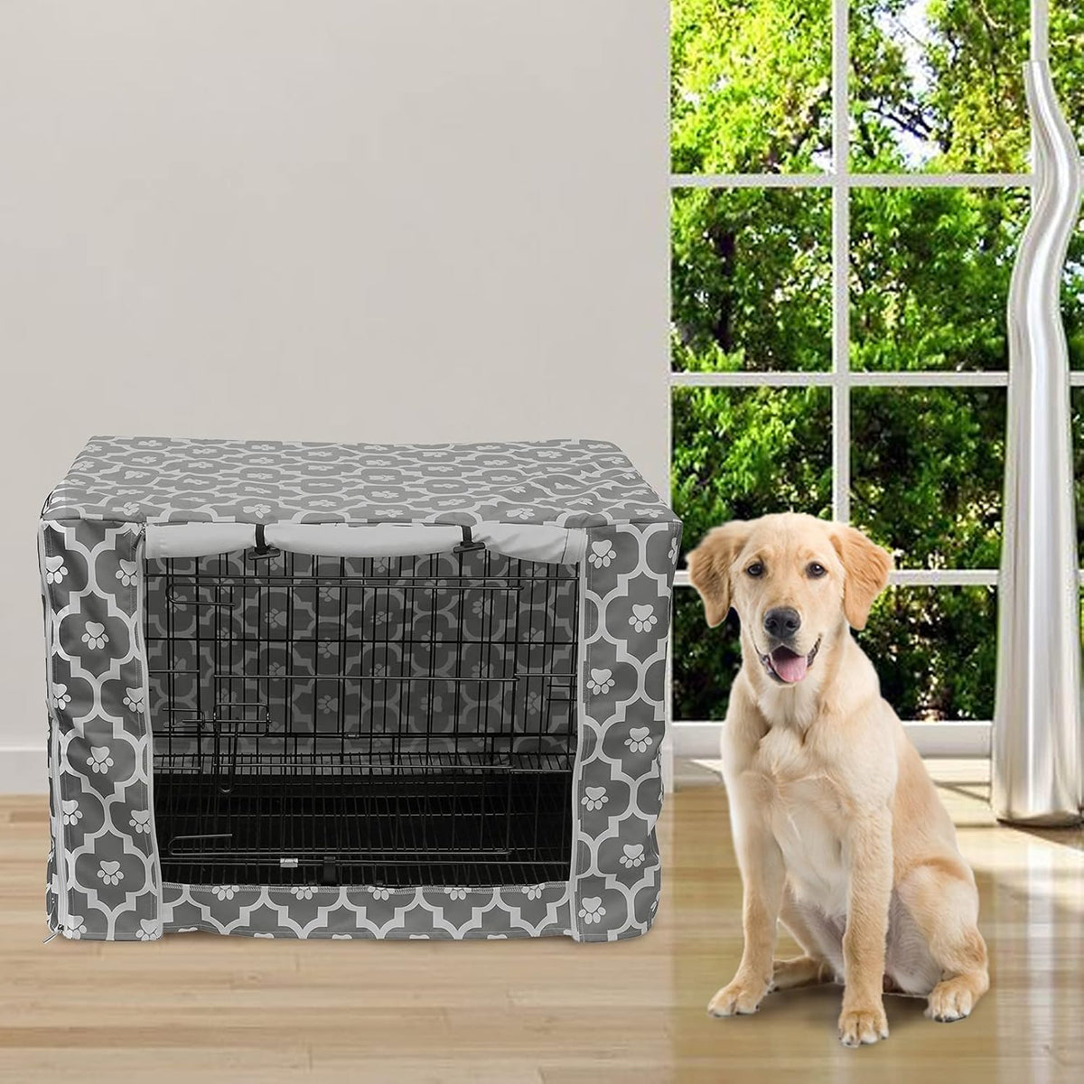 Pethiy Dog Crate Cover Durable Polyester Pet Kennel Cover Universal Fit for Wire Dog Crate - Fits Most 24 inch Dog Crates - Cover only-Gray Soles-24