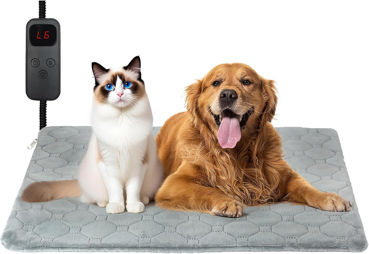 Cat Heating Pad, 6 Adjustable Temperature & 5 Timer Options, 15.7'' x 27.5'' Pet Heating Pad for Cats Dogs, Waterproof Indoor Outdoor Electric Heated Cat Bed Dog Mat with Chew-Resistant Cord (Grey)