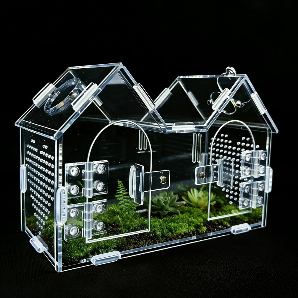 Jumping Spider Enclosure, Acrylic Terrarium with Partition Divider (1-2 Compartments), Dual Magnetic Doors & All-Side Ventilation, Jumping Spiders, Tarantulas, Mantis, GeckosHabitat, 9.6x4.2x5.8