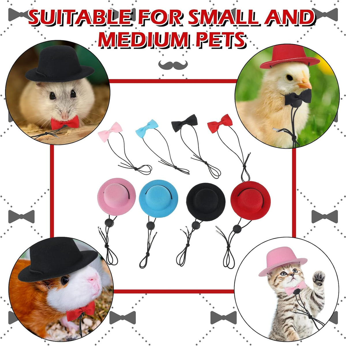 Xuniea 4 Sets 8 Pcs Guinea Pig Bow Ties Hats Costume for Hamster Ferret