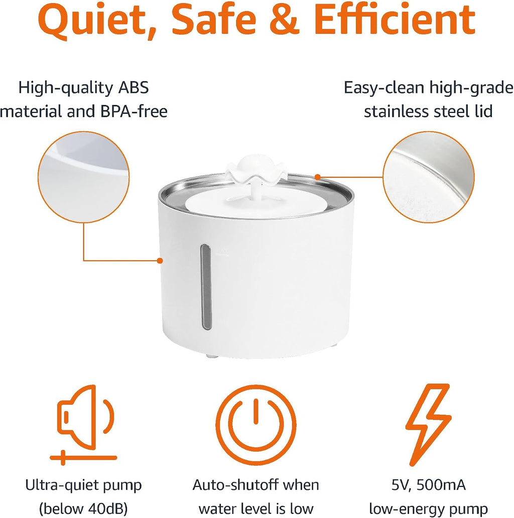 Amazon Basics Large Capacity Pet Water Fountain with Stainless Steel Top, Ultra Quiet, Easy to Clean, BPA Free, 3L, White, 3 Filters Included