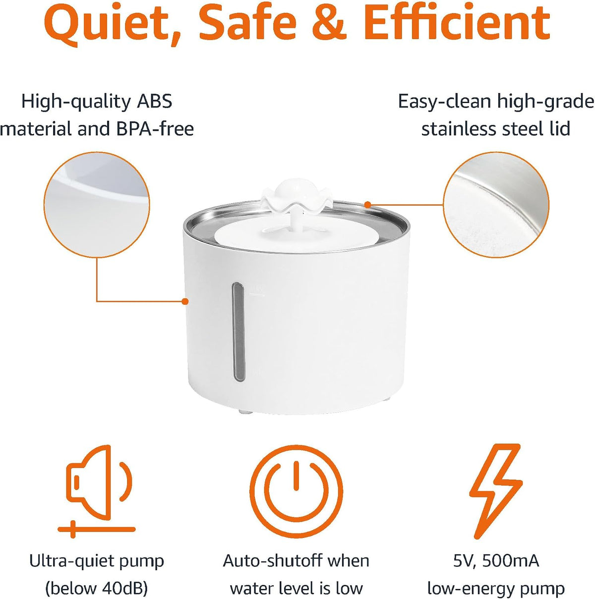 Amazon Basics Large Capacity Pet Water Fountain with Stainless Steel Top, Ultra Quiet, Easy to Clean, BPA Free, 3L, White, 3 Filters Included