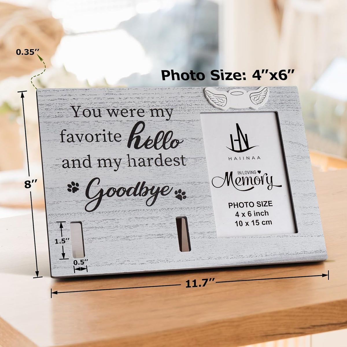 Pet Memorial Picture Frame for Loss of Pet Sympathy Keepsake Pet Collar Keepsake Wood Frame for The Dog, Light Grey Pet Remembrance Gift, Dog Picture Frame for Table, 4" x 6" Photo Insert
