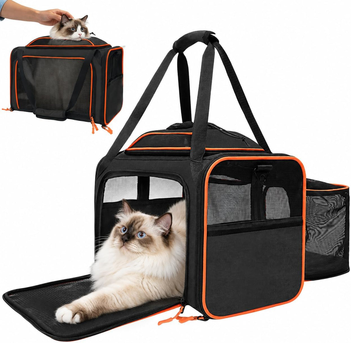 Airline Approved Expandable Soft-Sided Pet Carrier (Orange Black).