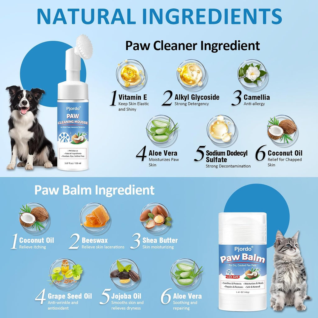 Dog Paw Cleaner Kit with No-Rinse Foam, Dog Paw Balm & Paw Scrubber
