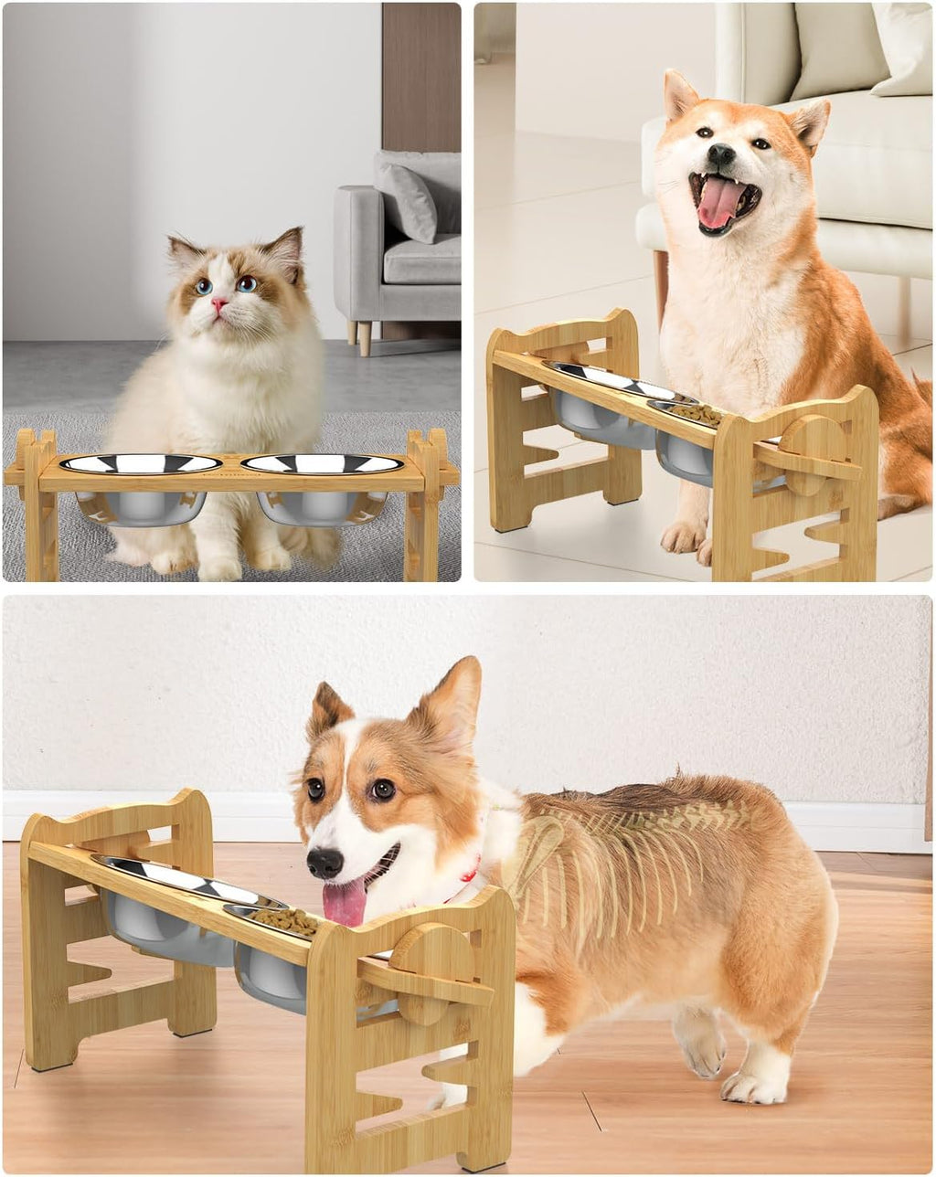 Jovrun Elevated Dog Bowls, Adjustable Raised Dog Bowl Stand for Small Size Dogs and Cats, 15°Tilted Elevated Cat Bowls, Durable Bamboo Dogs Feeder with 2 Stainless Steel Bowls and Non-Slip Feet