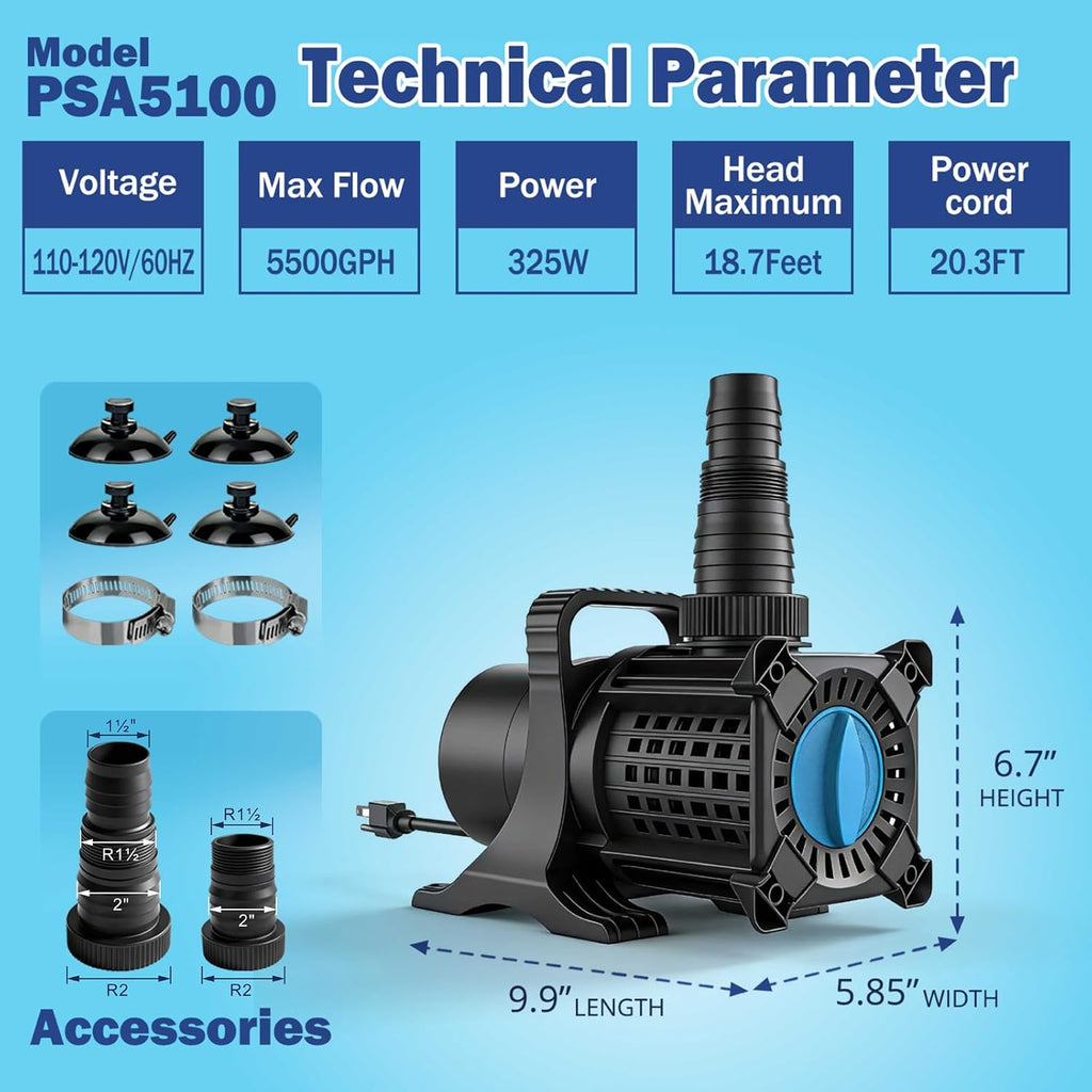 OYO WATER Pond Pump, 5100 GPH Adjustable Flow Submersible Water Pump with Filter Bag, UL Listed Copper Motor, IPX8 Waterproof 20.3ft Cord for Koi Pond, Fountain, Waterfall, Hydroponics, Irrigation