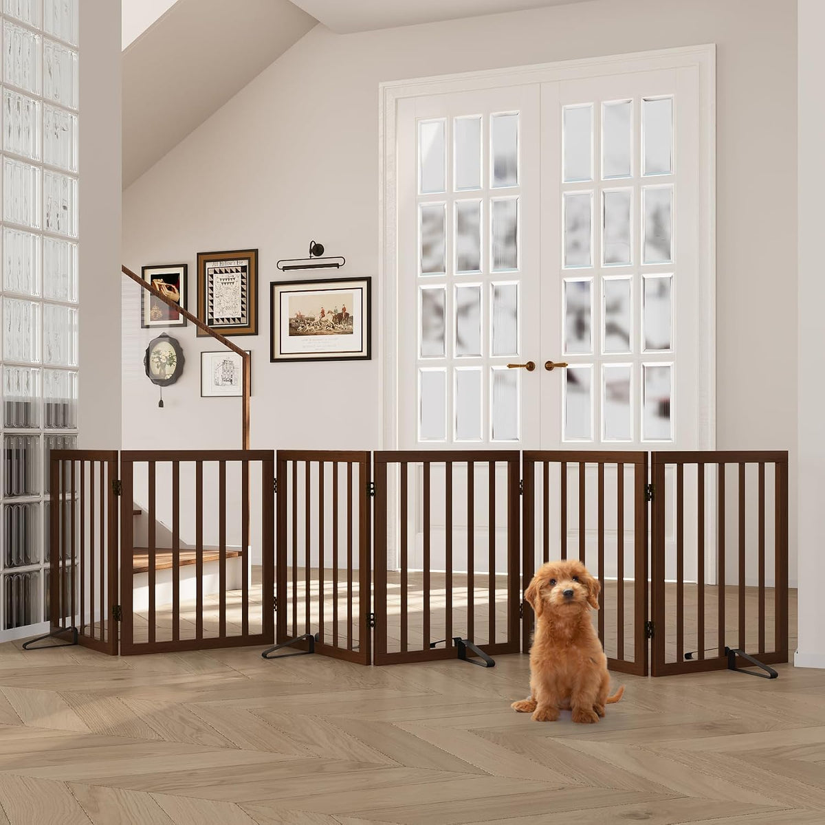 Semiocthome Bamboo Wood Dog Gate Indoor, 6-Panel Pet Gates with 4 Stands and 360° Hinge for Doorways and Stairs, Puppy Gate for The House, Fully Assembled Safety Fence 110" W x 24" H - Black Walnut