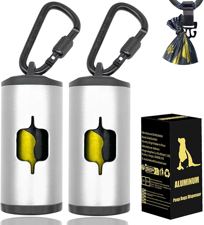 Metal Dog Poop Bag Holder 2-Pack w/Leash Clip|Durable Scratch-Resistant by SHAOUMAN