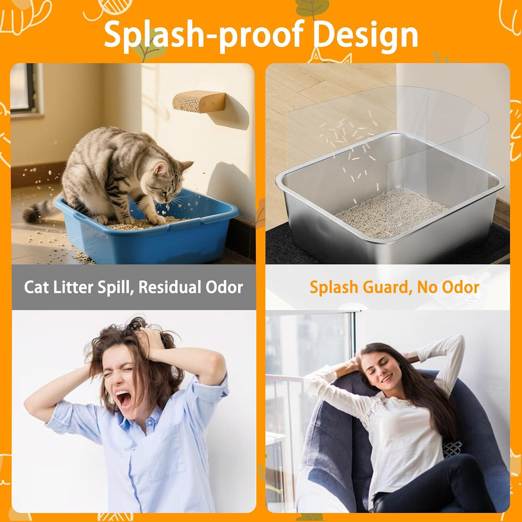 Rypet 2 Set Large Stainless Steel Cat Litter Boxes with Splash Guard Kit