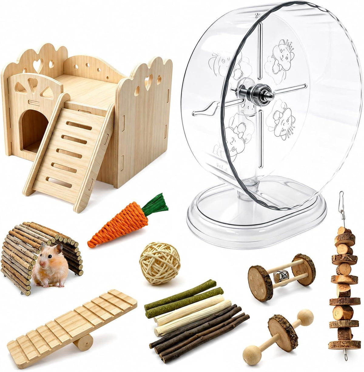 Hamster Cage Accessories Set with Silent Exercise Running Wheels and Natural Chew Toys, Wooden Hamster Toys and Habitat Decor for Syrian Hamsters, Gerbils, and Mice