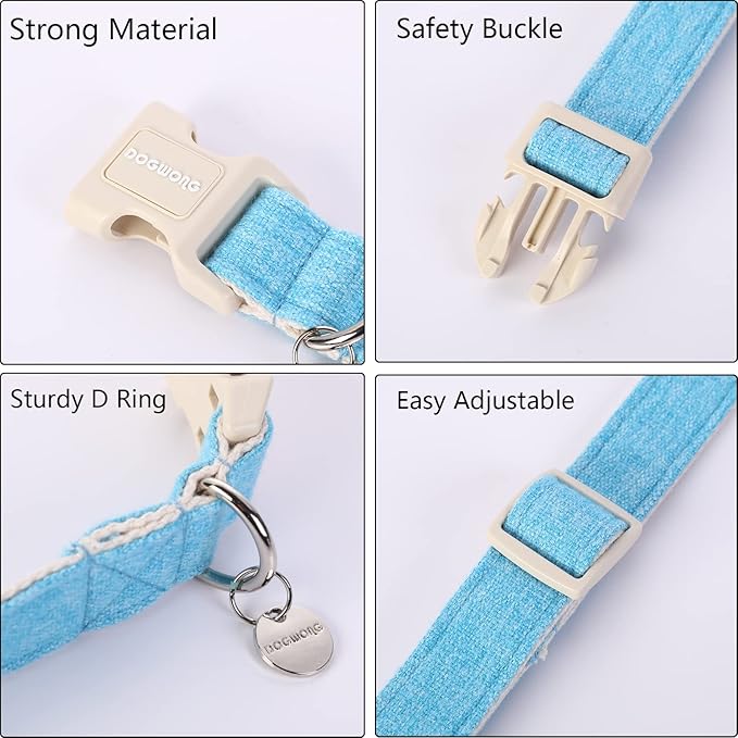 DOGWONG Cotton Hemp Dog Collar, Heavy-Duty Blue Dog Collar Adjustable Soft - Image 2