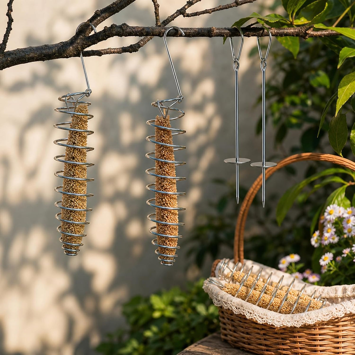 6PCS Millet Holder for Bird Cage, Feeder Set with Fruit Forks,Multi‑Feeder Combination, Foraging Accessory, Fits Small Cages, Simple Hook Mounting, Solid Bird Treat Rack