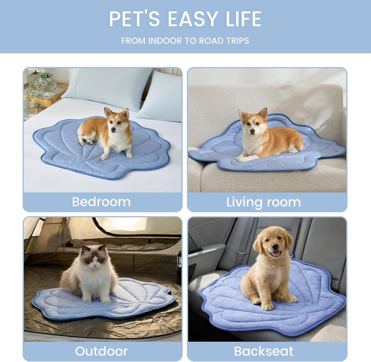 Cozy Bliss Cute Shell Shape Cooling Mat for Medium Dogs, Non-Slip, Leakproof Washable Pet Cooling Mat for Hot Weather with Q-Max 0.5, Indoor and Outdoor Summer Pad, Heather Haze Blue, 35"x40"