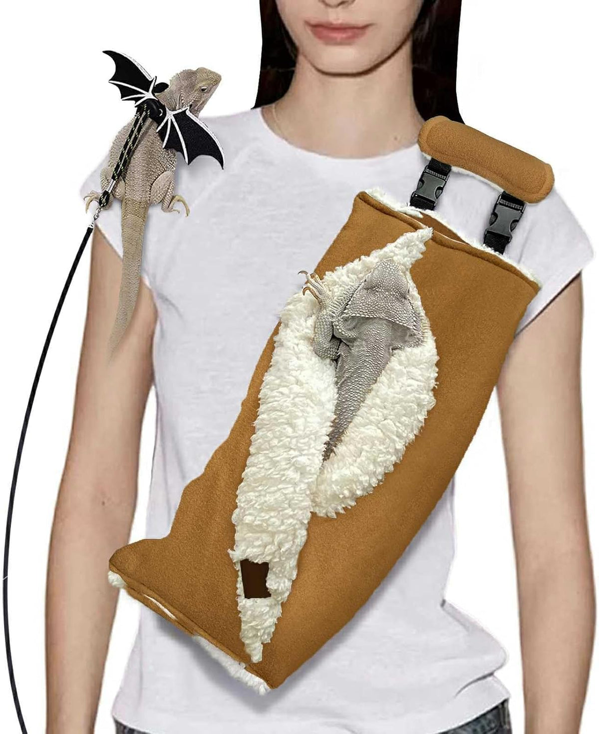 Adjustable Fluffy Bearded Dragon Sling Carrier Bag, Reptile Carrier with Leash Harness Lizard Cage Accessories for Small Animal, Ferrets, Squirrel, Hamsters,Parrot (Black)