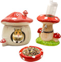 Mushroom Ceramic Hamster Hideout, Water Bottle with Stand, Food Bowl, Hamster Accessories (red)