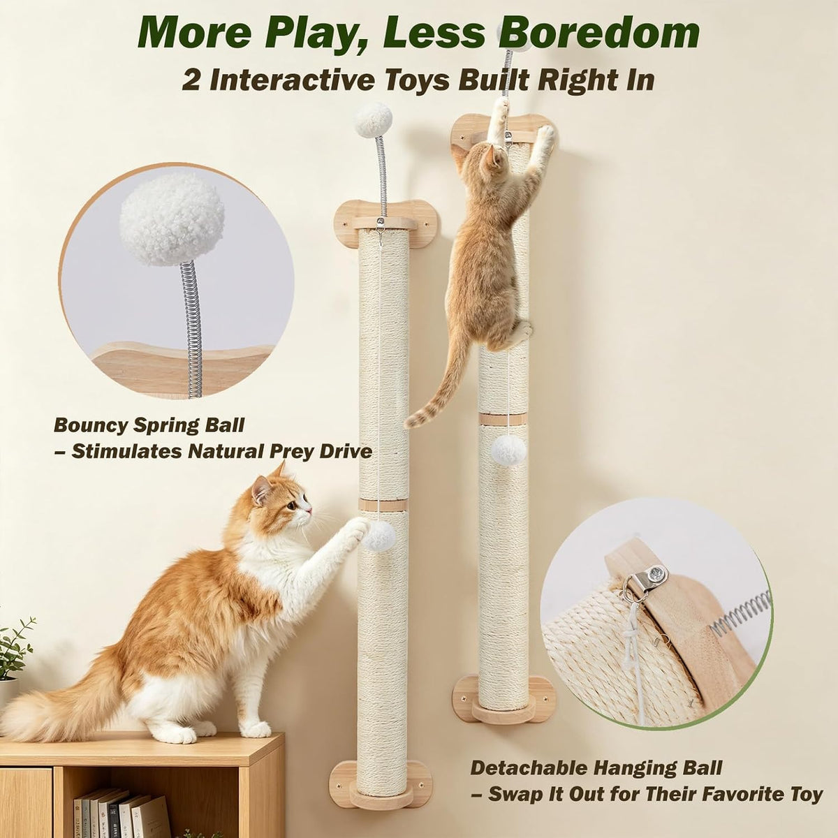 EMUST Cat Wall Scratcher 2 Pack 66", Tall Sisal Scratch Post for Large Cats