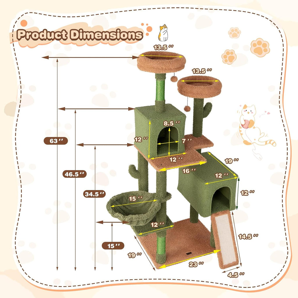 Tangkula Cactus Cat Tree, 63 Inch Tall Cat Tower with Sisal Scratching Posts, 2 Perches, 2 Cat Condos, Hammock, 2 Balls, Ramp, Washable Cushions, Green Cute Cat Tree Tower for Indoor Cats