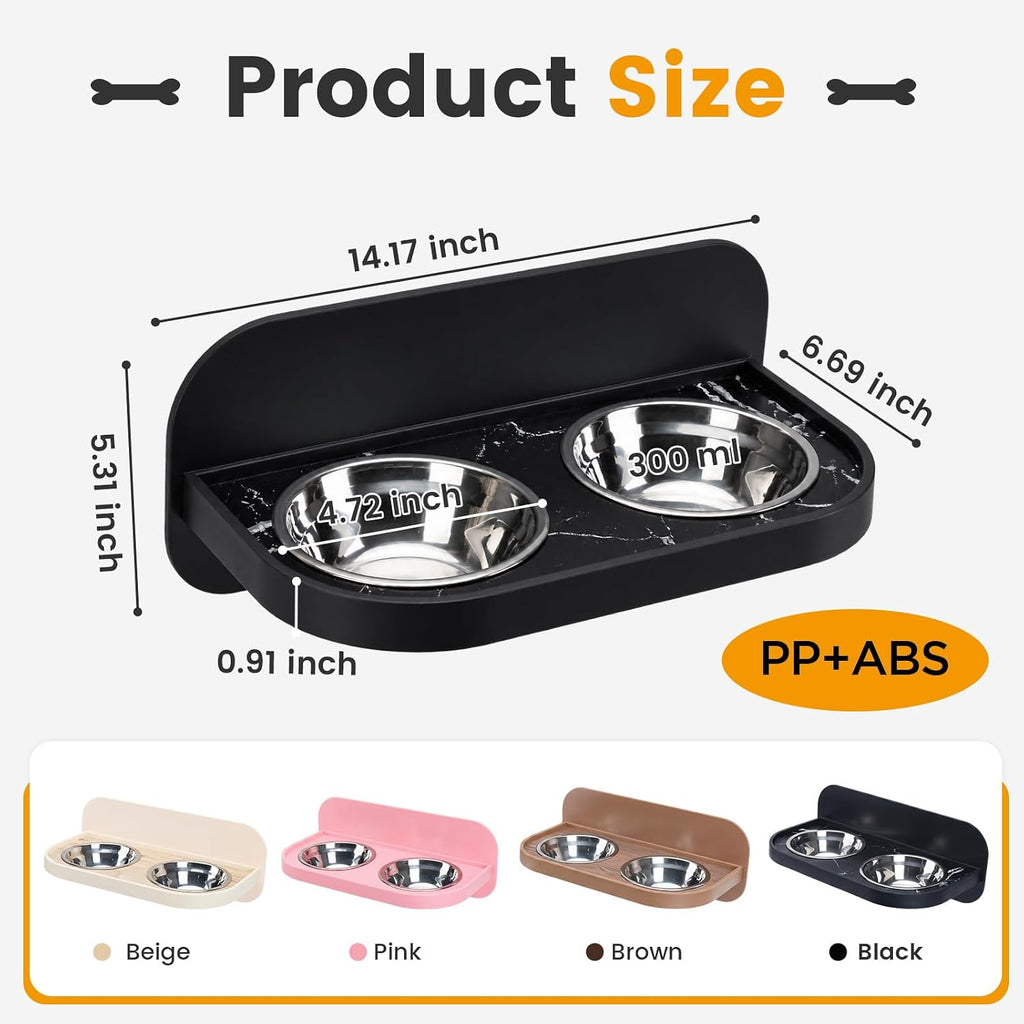 Raised Wall Mount Cat Dog Bowls, Adjustable Height Double Stainless Steel Food Water Bowls, Anti-Spill Elevated Pet Feeding Set, Pet Feeder for Kittens, Puppies, Black