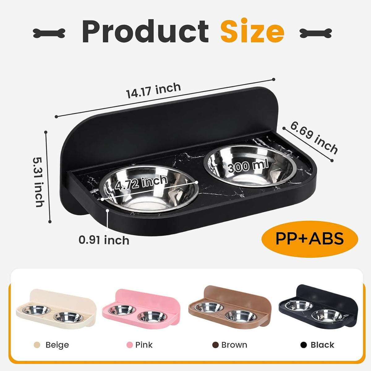 Raised Wall Mount Cat Dog Bowls, Adjustable Height Double Stainless Steel Food Water Bowls, Anti-Spill Elevated Pet Feeding Set, Pet Feeder for Kittens, Puppies, Black