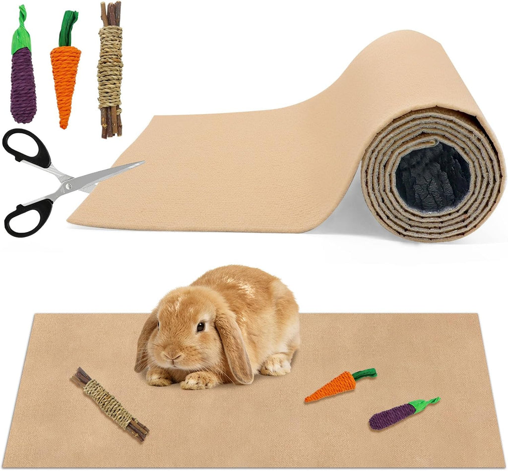 Rabbit Scratching Pad Set, 12 Inch X 6.56 Bunny Scratch Pad with Bunny Toys & Scissors, Trimmable Self-Adhesive Mat for Claw Teeth Care, Cage & Furniture Protector for Rabbits Small Animals