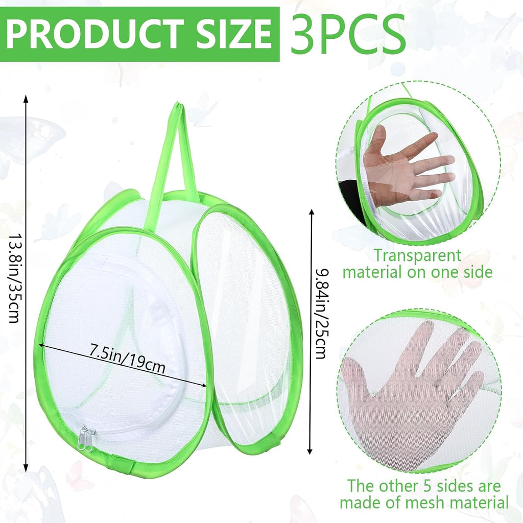 3 PCS Mini Butterfly Habitat Cage Foldable Insect Mesh Cage with Handle & Zipper Portable Butterfly Net Habitat Bug Terrarium for Transporting and Raising Critter Cage Easy to Observe, 10x 8.8x8Inch
