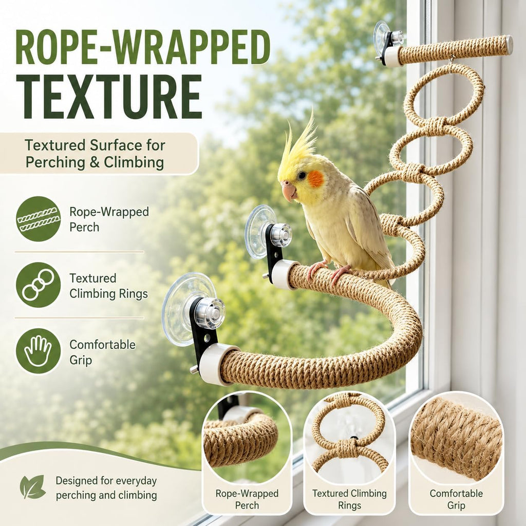 Bird Window Perch with Climbing Rings and Suction Cups for Parrots