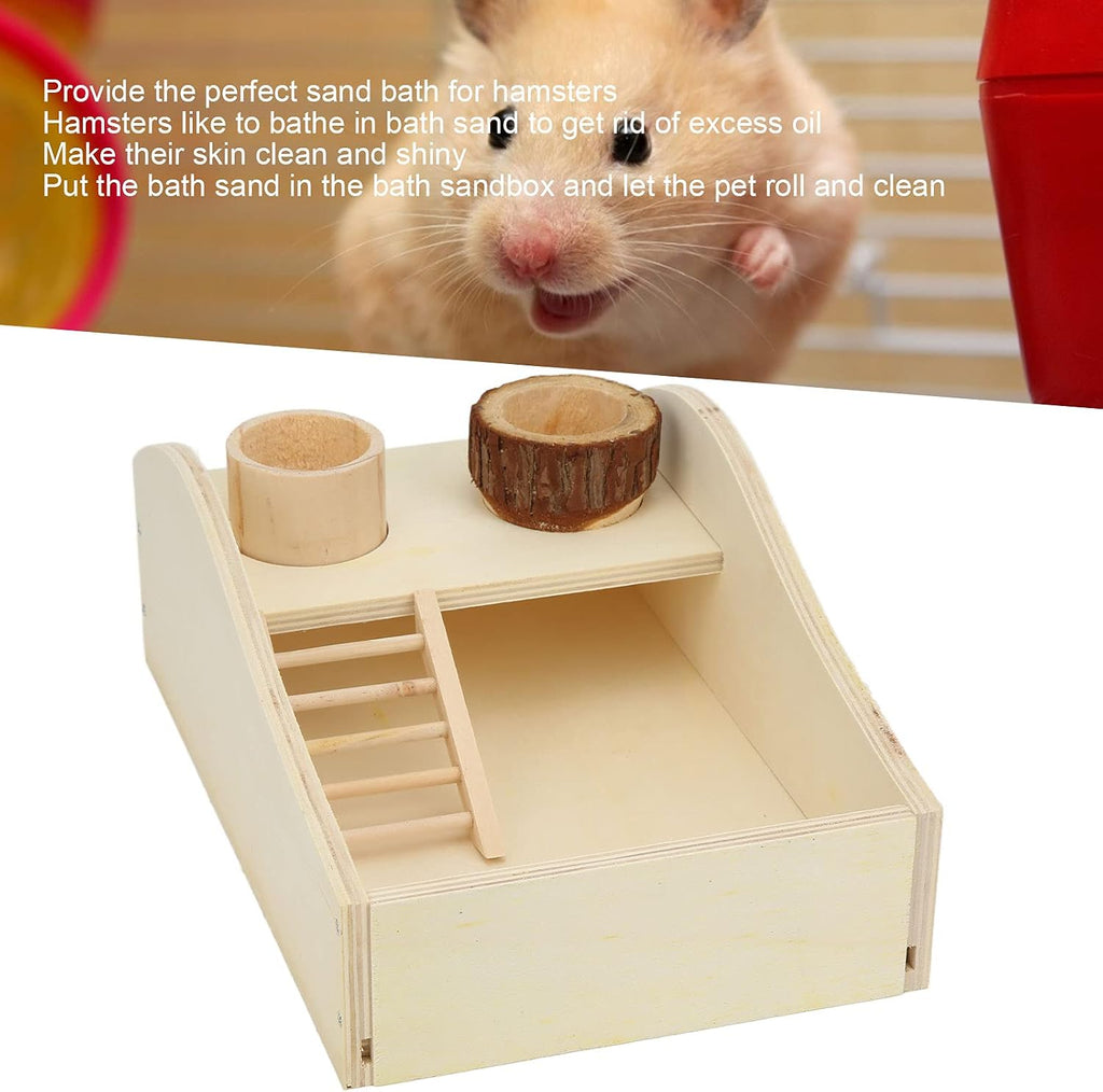 HEEPDD Hamster Sand Bath Box, Wooden Multi Functional Sand Bathroom Hideout with Climbing Ladder and Feeder Bowl for Cage Use Natural Color 1 Set