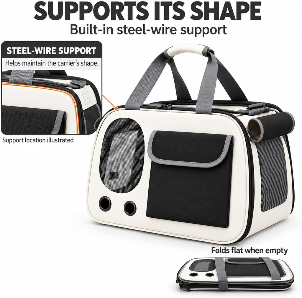 Soft-Sided Cat Carrier,17.7x10.2x11in,Foldable,Cream and Black