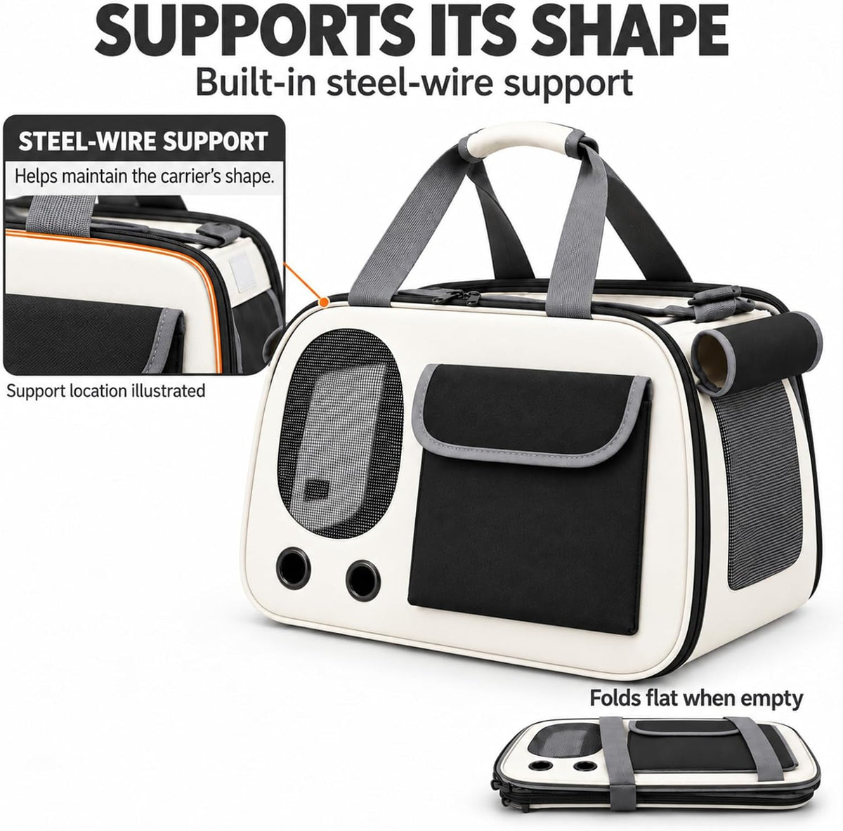 Soft-Sided Cat Carrier,17.7x10.2x11in,Foldable,Cream and Black