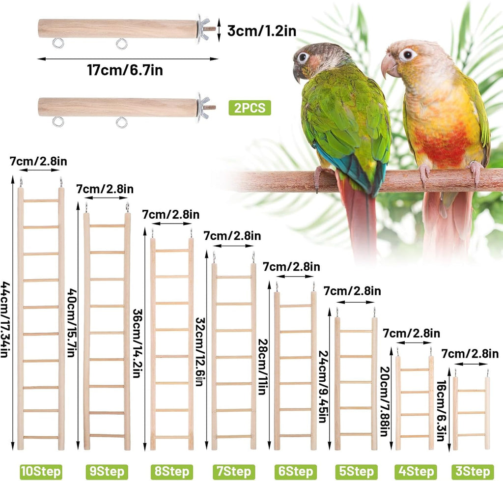 10 Pcs Wood Step Ladder for Bird, 3-10 Step Hanging Bird Ladder Parrot Cage Climbing Toy & Cylindrical Support for Parakeets, Cockatiels, Conures, Lovebirds