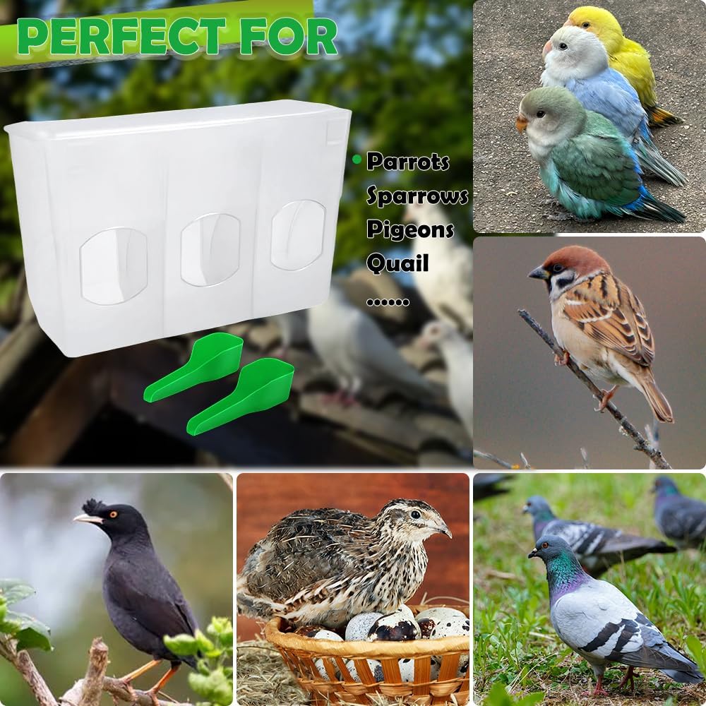 Pigeon Automatic Feeder Plastic Water Dispenser No Mess Hanging Food Feeder for Bird Cage Parakeet Quail Bird Chicken (3 Hole-Hook Design)