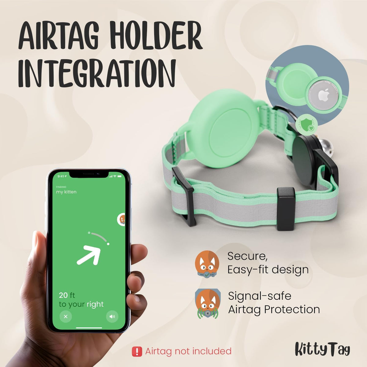 Cat Collar with AirTag Holder, Compatible with Apple AirTag 1st & 2nd Gen – Breakaway, Reflective & Glow in the Dark, Waterproof, with Bell, Adjustable 9-12" Kitten Collar – Green Mint