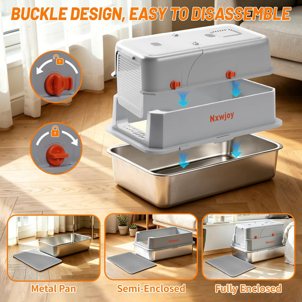 Stainless Steel Litter Box with Lid & Cat Litter Scoop Mat Grey