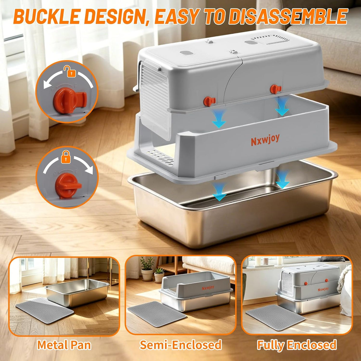 Stainless Steel Litter Box with Lid & Cat Litter Scoop Mat Grey
