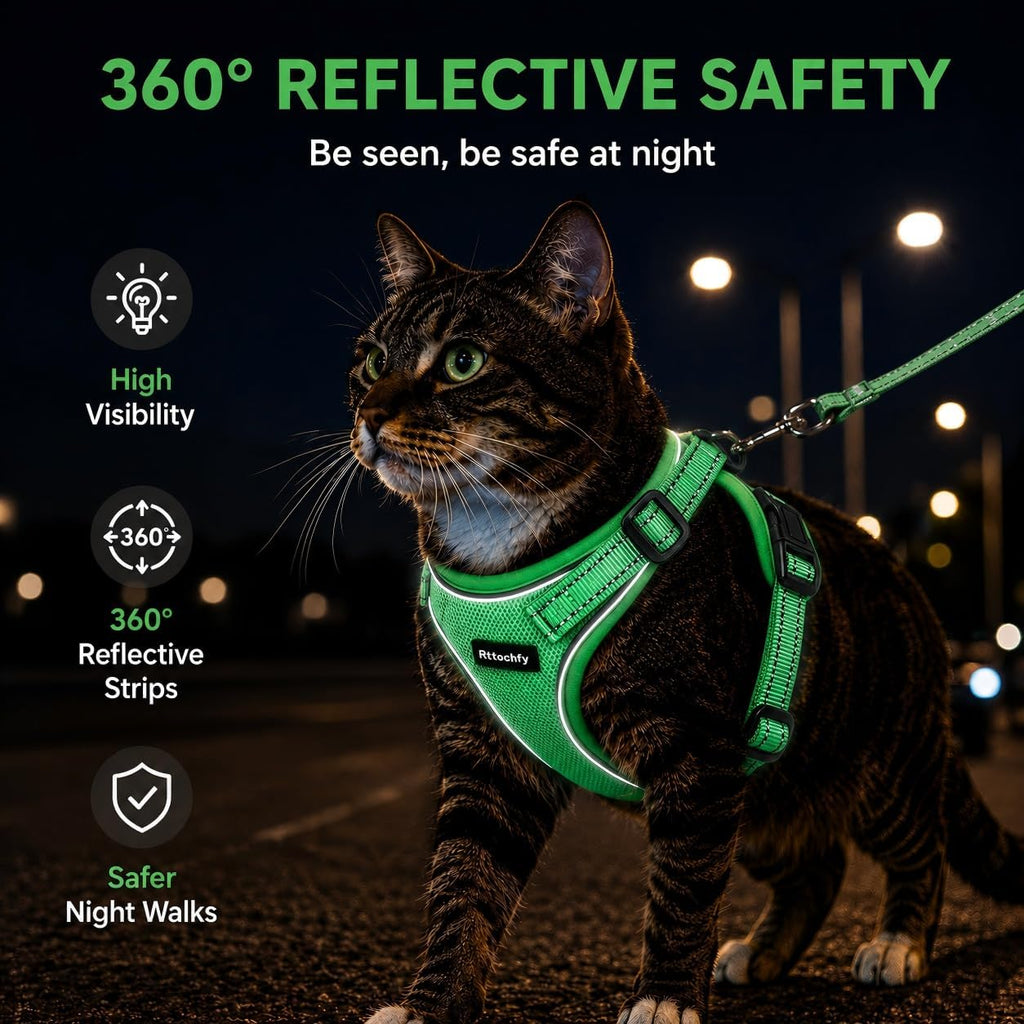 Cat Harness and Leash Set, Escape Proof Cat Harness with Reflective Strips, Breathable Mesh Vest, Adjustable Walking Harness for Indoor Outdoor Cats, Kittens, Small Medium Large Cats (Green, M)