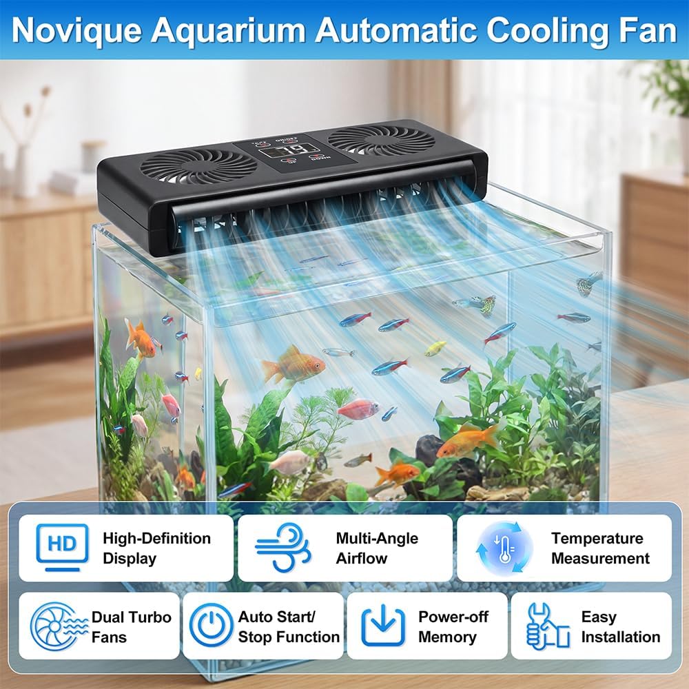 Aquarium Auto Temperature Control Chiller Fan Ultra-Quiet Fish Tank Cooler Fan Cooling Effect 3-8°F with Temperature Probe & LCD Display for Axolotl Betta Aquariums