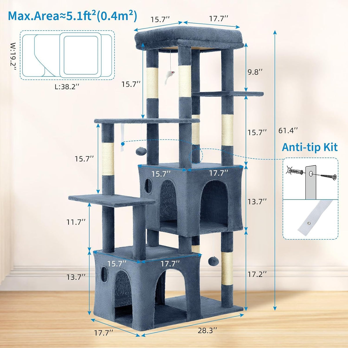 61" Heavy-Duty Multi-Level Cat Tree Tower for Large Cats – Jumbo Perch, Dual Spacious Condos, Robust Sisal Scratching Posts, Play Toys, Stable Modern Cat Activity Center for Maine Coons