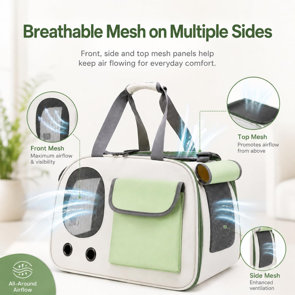 Soft-Sided Cat Carrier, 17.7“×10.2”×11“ Foldable Portable Pet Travel Bag, Cream & Green