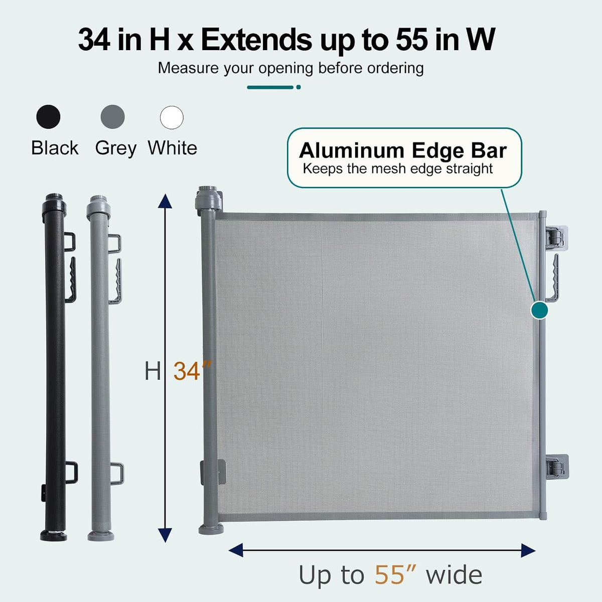 Retractable Pet Gate 34x55in, No-Drill Mesh Dog Cat Barrier, Aluminum Edge