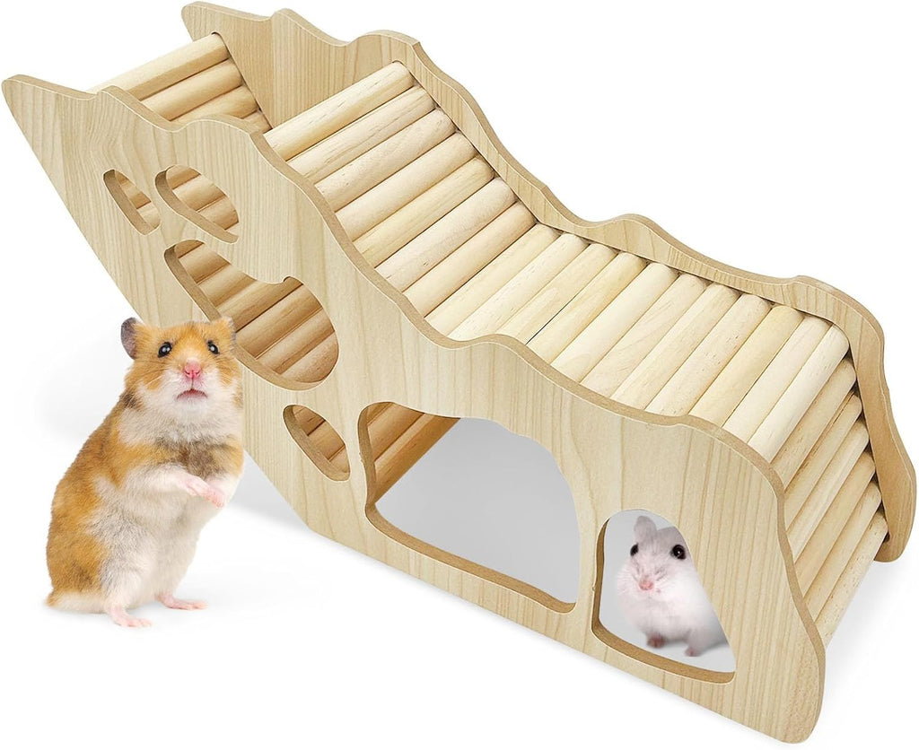 PINVNBY Hamster Climbing Ladder and Tunnel Hideout Wooden Hamster Climbing Toy Cage Decor Accessories for Gerbil Mice or Other Small Animals (Arch Bridge Tunnel)