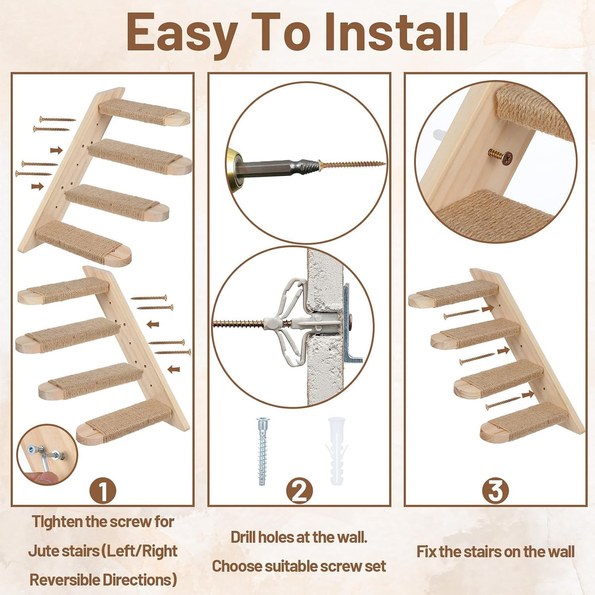 2 Pack 4 Steps Cat Wall Shelves, Wood Wall Mounted Stairs with Sisal Rope, Cat Climber/Ladder Furniture Climbing Shelves for Pet Perch & Play