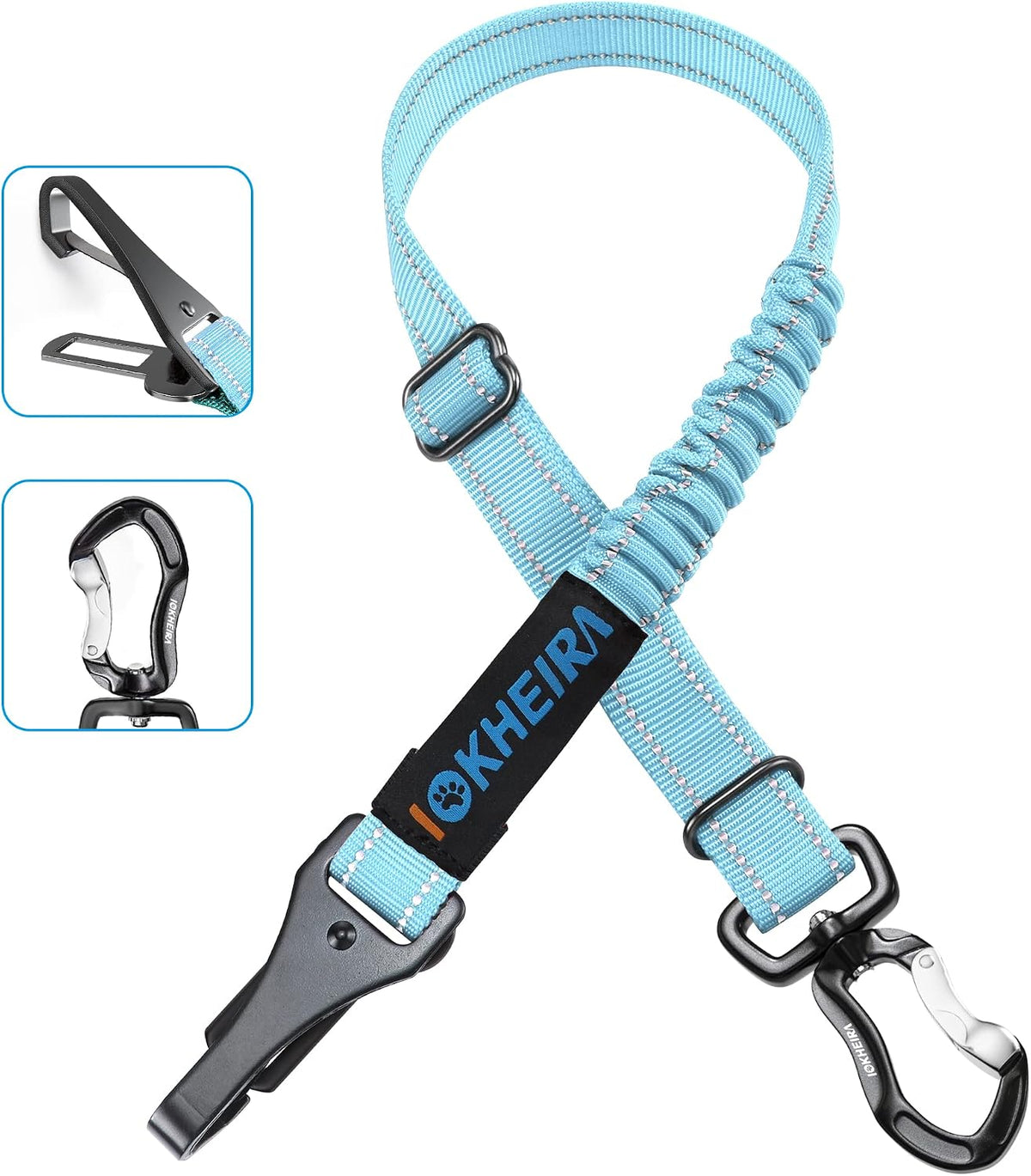 IOKHEIRA Dog Seatbelt, Updated Adjustable Harness Reflective Bungee Dog Car Seat Belt with Aviation Aluminum Alloy Rotatable Carabiner, Hook & Buckle